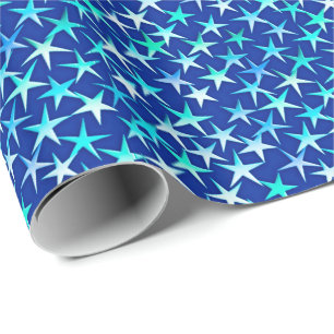 Papel De Regalo Estrellas satinadas, azul pálido sobre cobalto