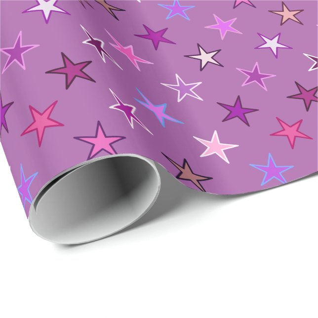 Papel De Regalo Estrellas Twinkling modernas, violeta, ciruela y r (Esquina del rollo)
