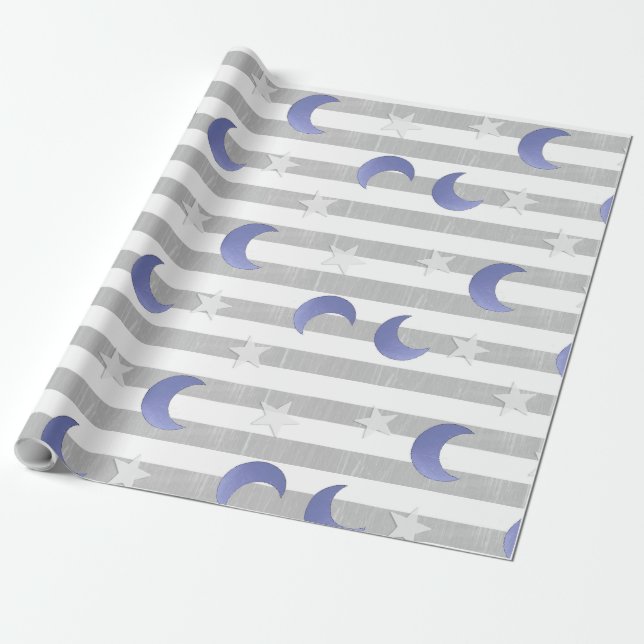 Papel De Regalo Estrellas y lunas gris y azul (Desenrollado)