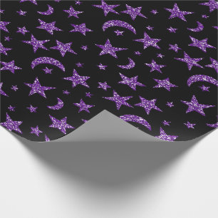 Papel De Regalo Estrellas Y Pluma Púrpura Moon Negra Sparkly