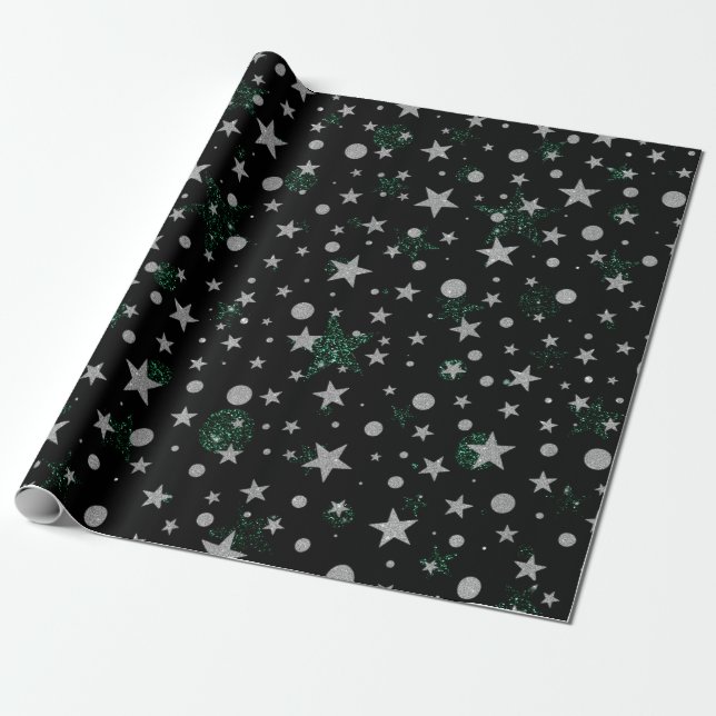 Papel De Regalo Estrellas y puntos Purpurinas plateadas y verdes (Desenrollado)