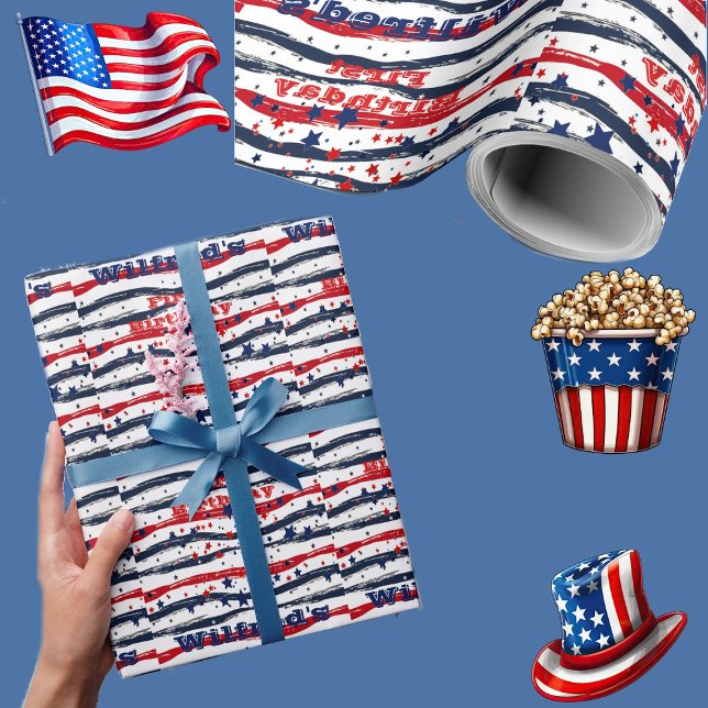 Papel De Regalo Estrellas y rayas 4 de julio Día de los Azules Roj (Stars and Stripes 4th July Red White Blue Birthday Wrapping Paper)