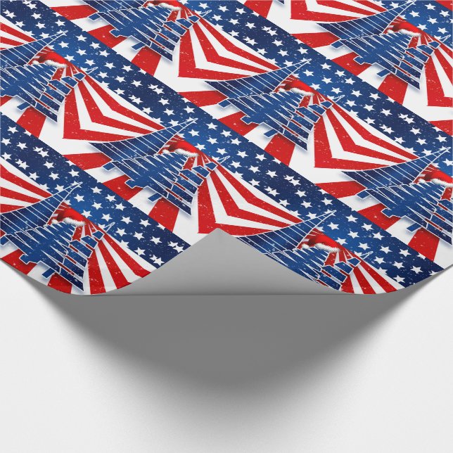 Papel De Regalo Estrellas y rayas de árboles navideños patrióticos (Esquina)