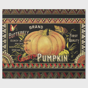 Papel De Regalo Etiqueta de caja de calabaza dorada vintage: Otoño
