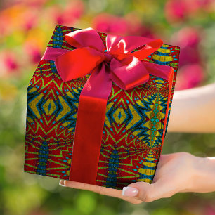 Papel De Regalo Étnica tribal de color azul geométrico rojo y amar