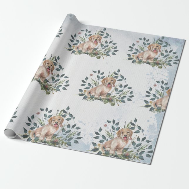 Papel De Regalo Eucalipto floral de perro de cachorro (Desenrollado)