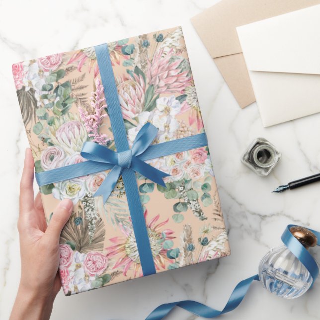 Papel De Regalo Eucalyptus Floral Blanca Rosa Boho Nodal Cumpleaño (Regalar)