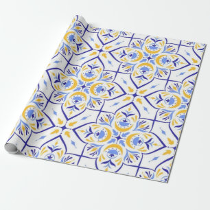 Papel De Regalo European Floral Blue and Gold Geometric Mosaic 
