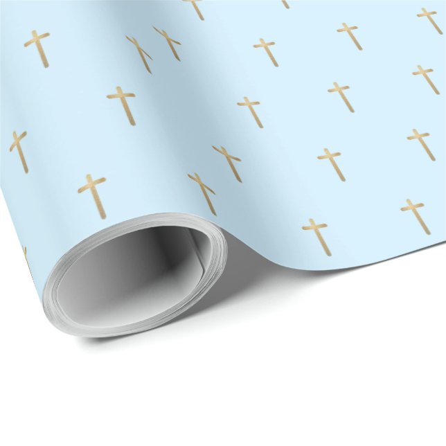 Papel De Regalo Evento cristiano Faux Gold Cross Pattern Blue (Esquina del rollo)