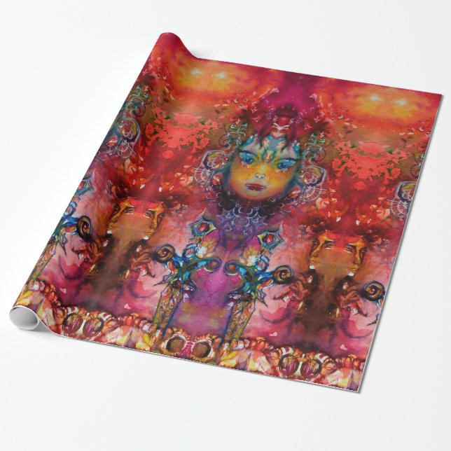 Papel De Regalo EXCALIBUR /QUEEN DE Fantasía Amarilla Roja MÁGICA (Desenrollado)