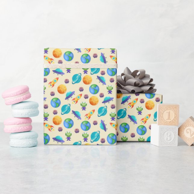 Papel De Regalo Exploradores espaciales en amarillo pálido (Baby Shower)