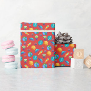 Papel De Regalo Exploradores espaciales en rojo