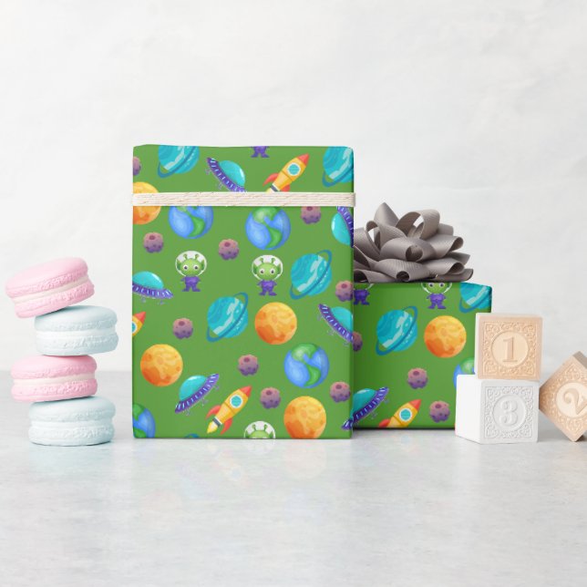 Papel De Regalo Exploradores espaciales sobre el verde máximo (Baby Shower)
