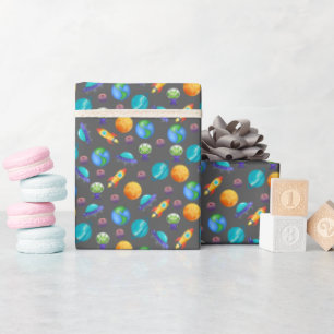 Papel De Regalo Exploradores espaciales sobre gris oscuro