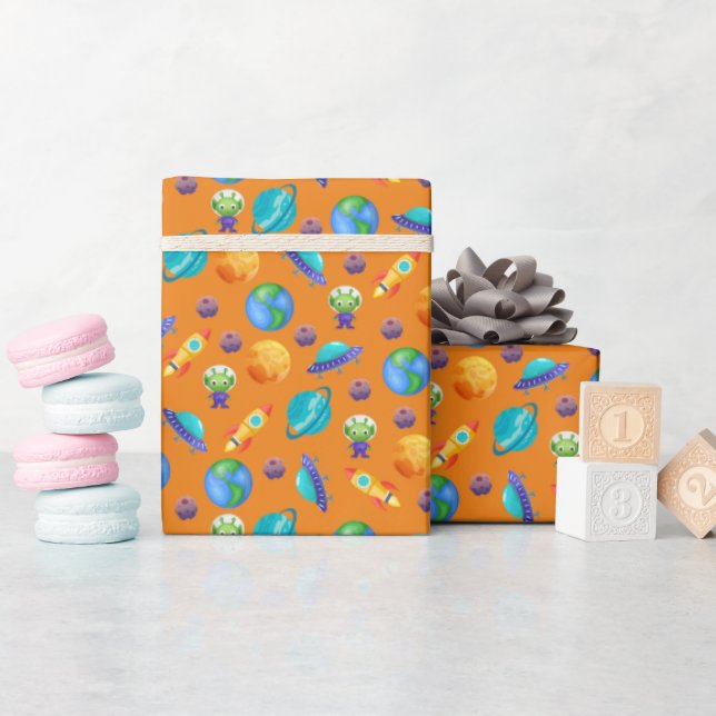 Papel De Regalo Exploradores espaciales sobre Naranja (Baby Shower)