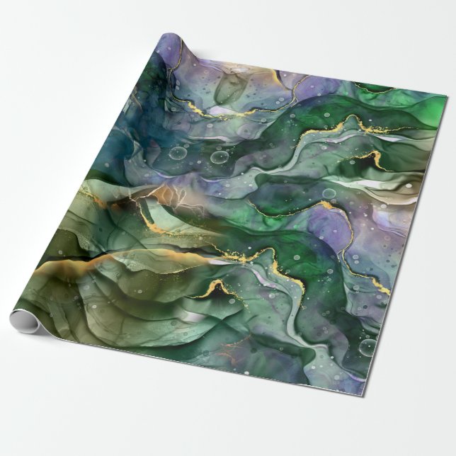 Papel De Regalo Extracto de tinta dorada azul verde (Desenrollado)