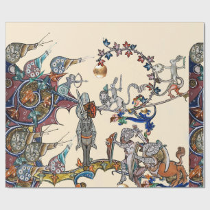 PAPEL DE REGALO EXTRAÑA GUERRA BESTIARIA MEDIEVAL, COLCHAS, SÍNTES