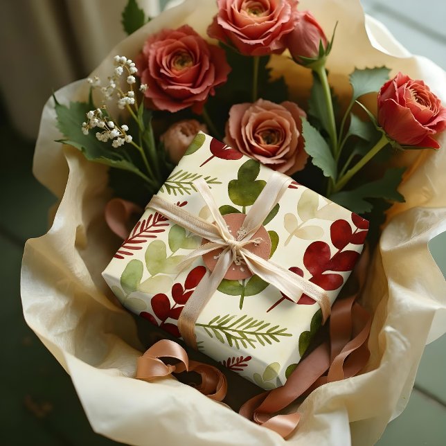 Papel De Regalo Exuberant Botanical Branches Red & Green TMF26 (Exuberant Botanical Branches Wrapping Paper Sheet in Green and Red Watercolor Effect Designs. )