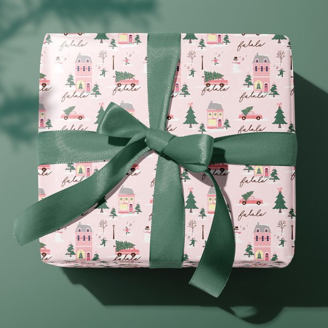 Papel De Regalo Fa La Home For Holidays Town & Pink Retro Van (Fa La Home For The Holidays Town & Pink Retro Van Wrapping Paper)