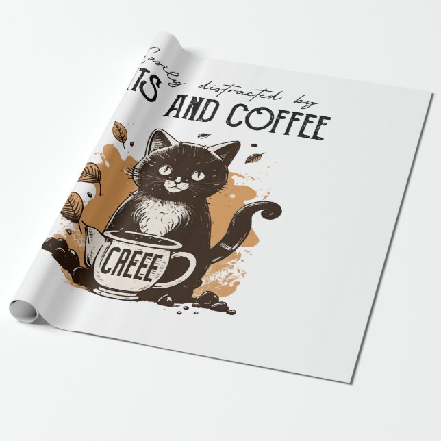 Papel De Regalo Fácilmente Distraído Por Gatos Y Gente De Café (Desenrollado)