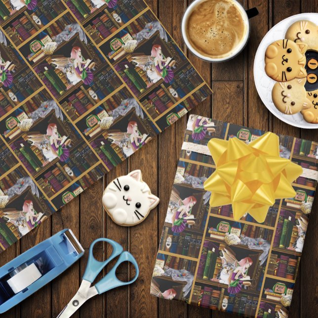 Papel De Regalo Fairy Cats Books Library Fantasy (Subido por el creador)