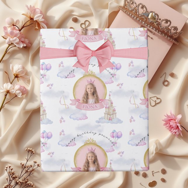 Papel De Regalo Fairytale a la princesa Cute Chica Rosa (Happy Birthday Princess Custom Personalized Wrapping Paper with Photo)