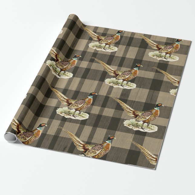 Papel De Regalo Faisán Antiguo sobre Cuadros Marrones Beige (Desenrollado)