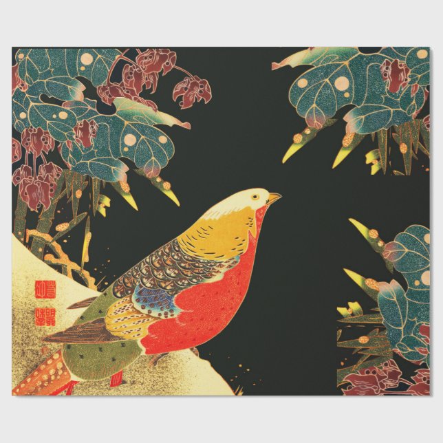 Papel De Regalo Faisán dorado en floral de nieve antigua japonesa (Superficie plana)