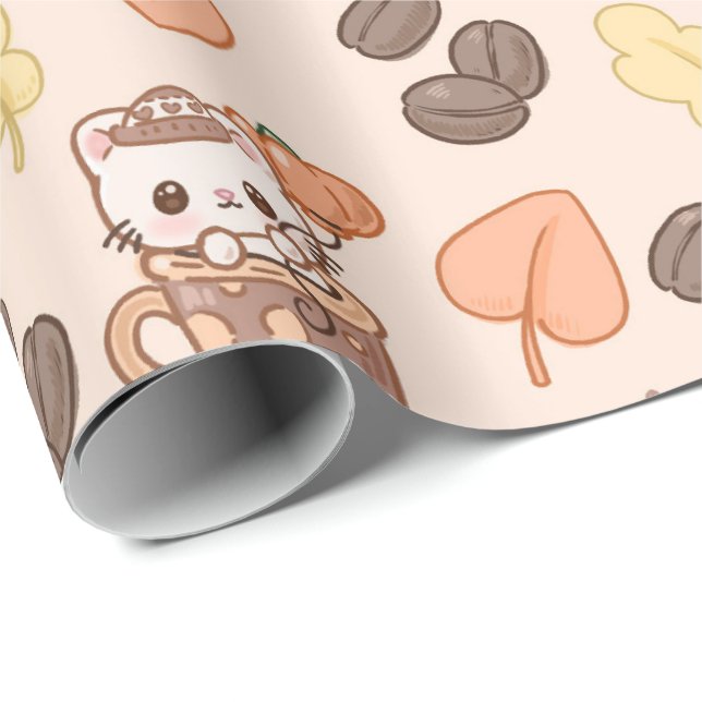 Papel De Regalo Fall Cat Mug Kawaii Coffee Bean Pattern (Esquina del rollo)