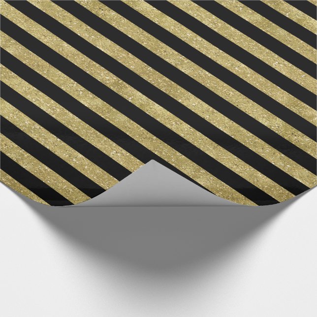 Papel De Regalo Falso oro purpurinoso y rayas negras (Esquina)