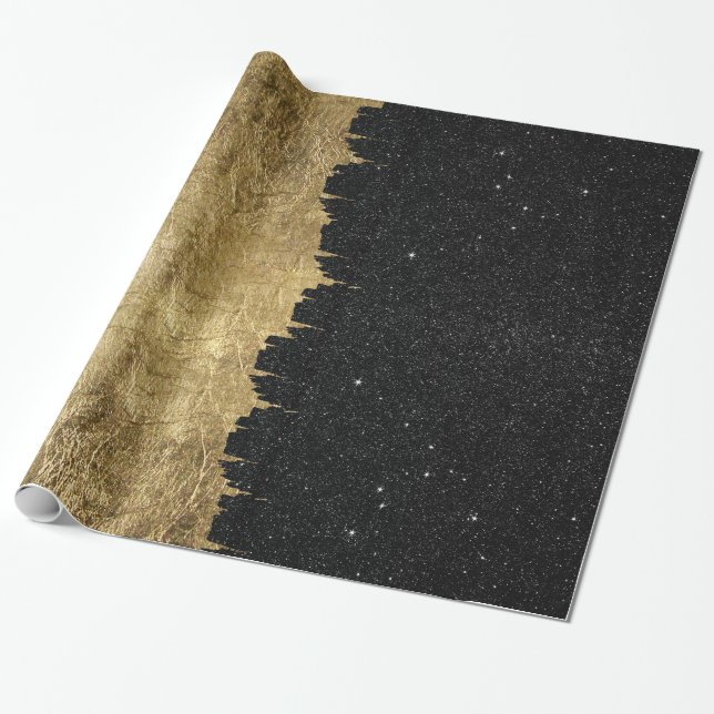 Papel De Regalo Falso oro y pinceladas negras de la noche (Desenrollado)