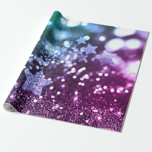 Papel De Regalo Falsos purpurina y estrellas azules y púrpuras de
