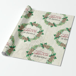 Papel De Regalo Familia campesina Feliz Navidad Wreath Pine Cono