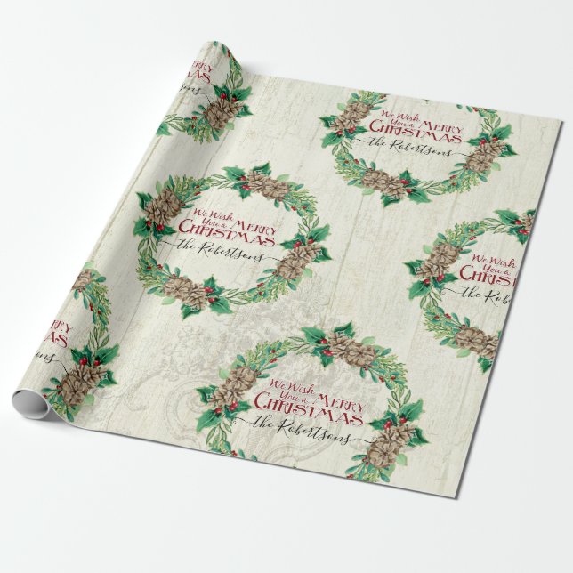 Papel De Regalo Familia campesina Feliz Navidad Wreath Pine Cono (Desenrollado)
