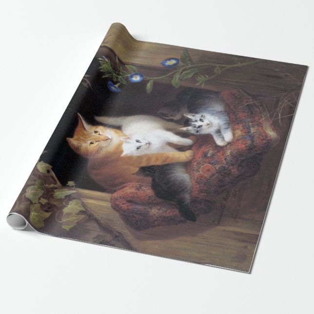 Papel De Regalo Familia Cat y hoja de marfil de Henriette Ronner-K (Desenrollado)