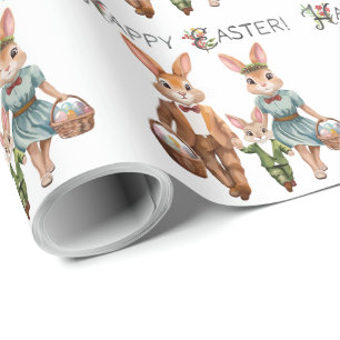 Papel De Regalo Familia conejo de Pascua persiguiendo huevos - acu