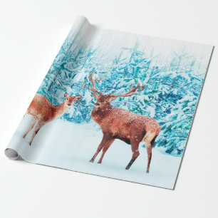 Papel De Regalo Familia de ciervos nobles en un invierno nevado. N