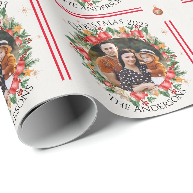 Papel De Regalo Familia de Florines Rojos Foto Feliz Navidad (Esquina del rollo)