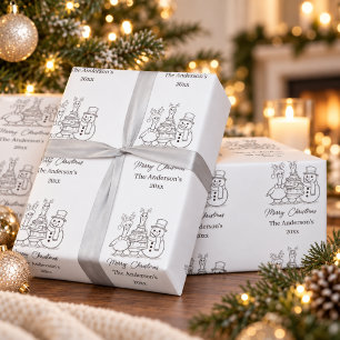 Papel De Regalo Familia de gansos de Navidad Doodle negro blanco m