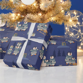 Papel De Regalo Familia de pingüinos con suéteres lindos | Escenas
