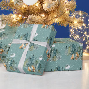 Papel De Regalo Familia de zorros en el bosque Navidad con luna ll