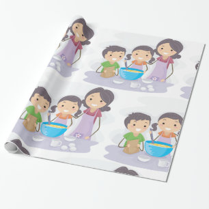 Papel De Regalo Familia Horneando Juntos Mamá y Niños Cocinando