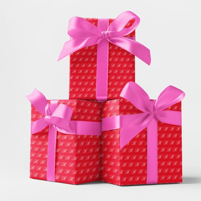Papel De Regalo Fancy Classic Calligraphy Monograma Rojo brillante (Fancy Classic Calligraphy Monogram Bright Red Wrapping Paper)