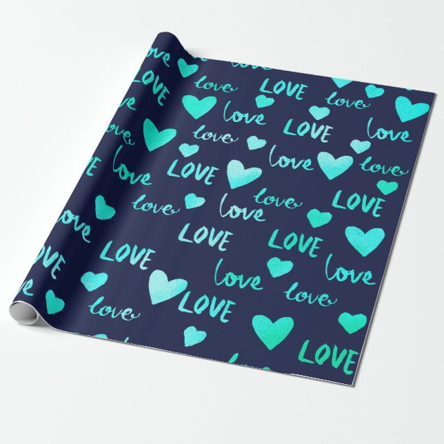 Papel De Regalo Fancy Heart Ocean Blue Navy Purpurina Love Valenti (Desenrollado)