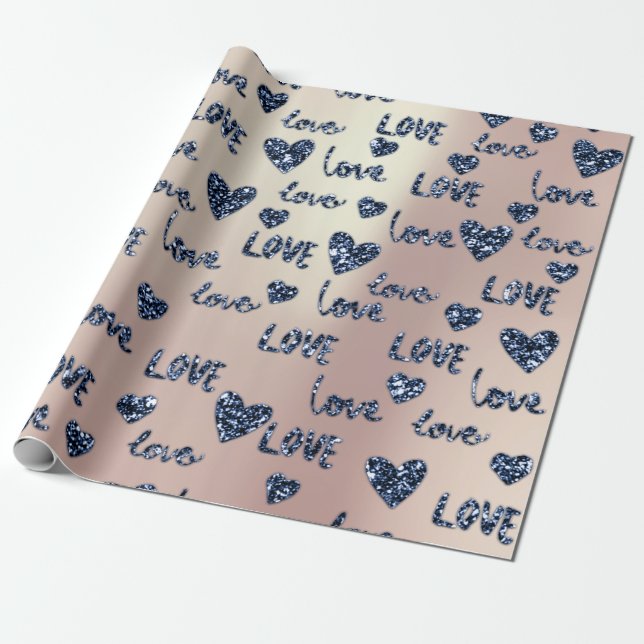 Papel De Regalo Fancy Hearts Blue Navy Rosa Purpurina Love Valenti (Desenrollado)