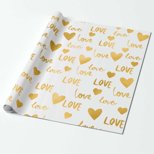 Papel De Regalo Fancy Hearts Gold White Love Confetti Valentine (Desenrollado)