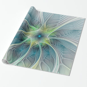 Papel De Regalo Fantasía Flor Fractal Verde Azul