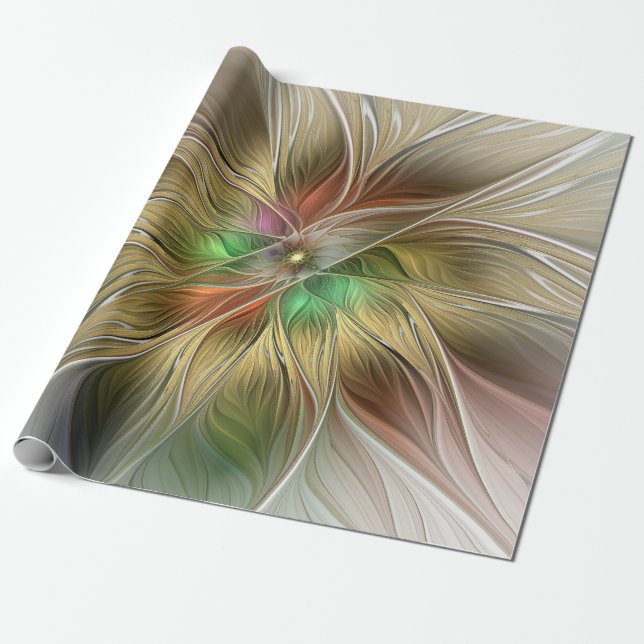 Papel De Regalo Fantasía Floral Con Fractal Dorado Moderno (Desenrollado)