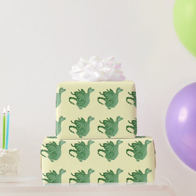 Papel De Regalo fantasía mítica criatura dragón verde lindo (Regalos de fiesta)