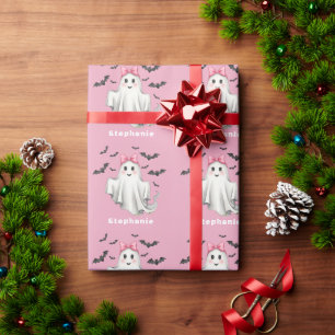 Papel De Regalo Fantasma Chica amigable rosa con murciélagos volan